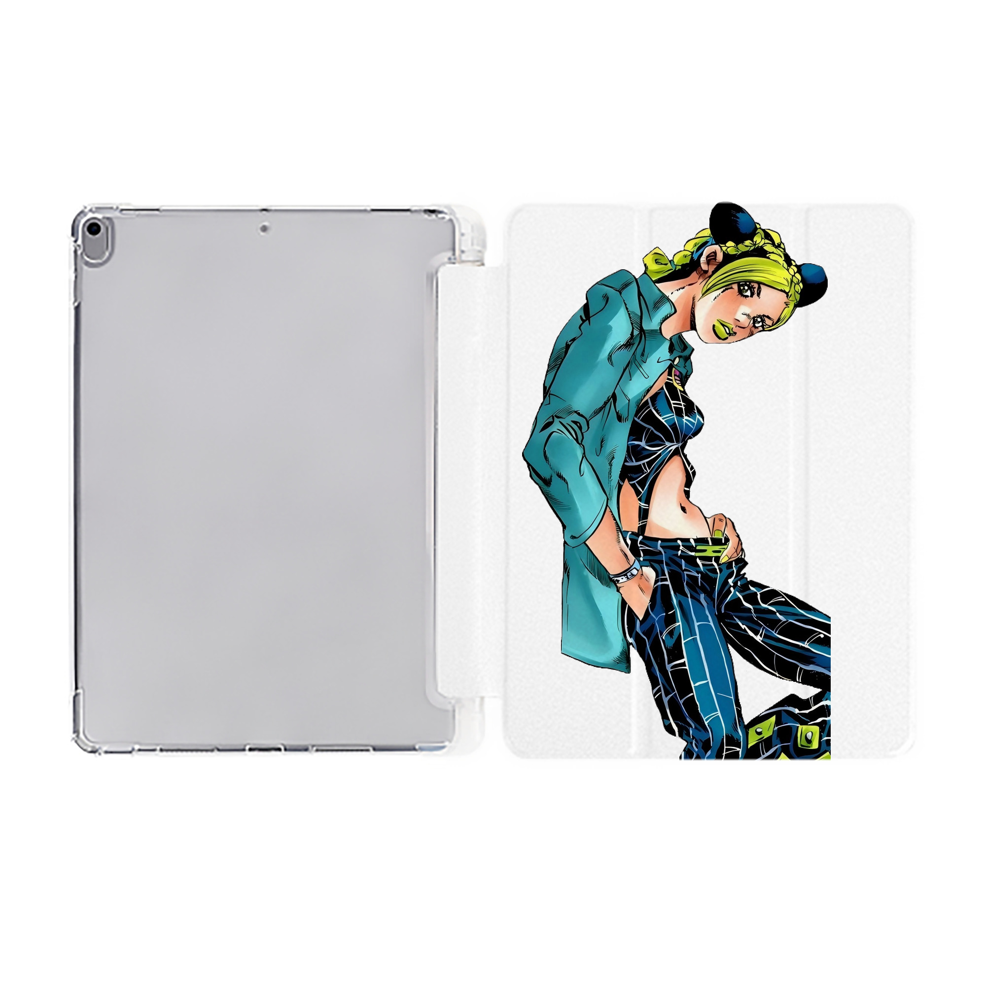 （画像用） "ジョジョの奇妙な冒険 くうじょう ジョリーン JoJo's Bizarre Adventure Jolyne Cujoh " IPad ケース ペン収納付き 三つ折りスタンド PUレザー×シリコン 対応機種9.5/10.5/10.9インチ